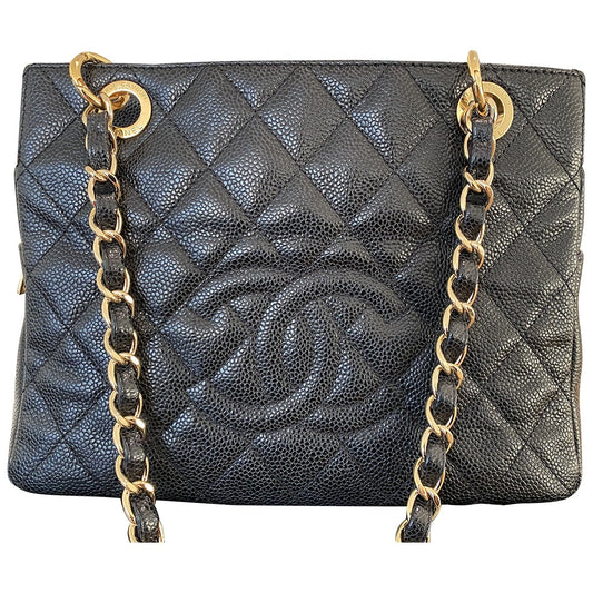 Chanel petite shopping tote black leather handbag