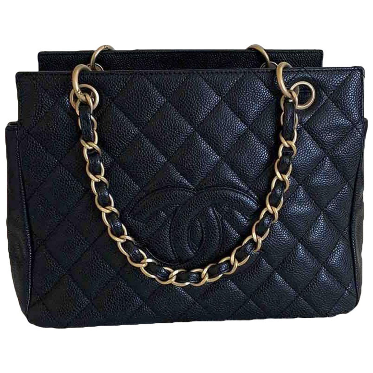 Chanel petite shopping tote black leather handbag