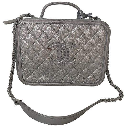 Chanel vanity silver leather handbag