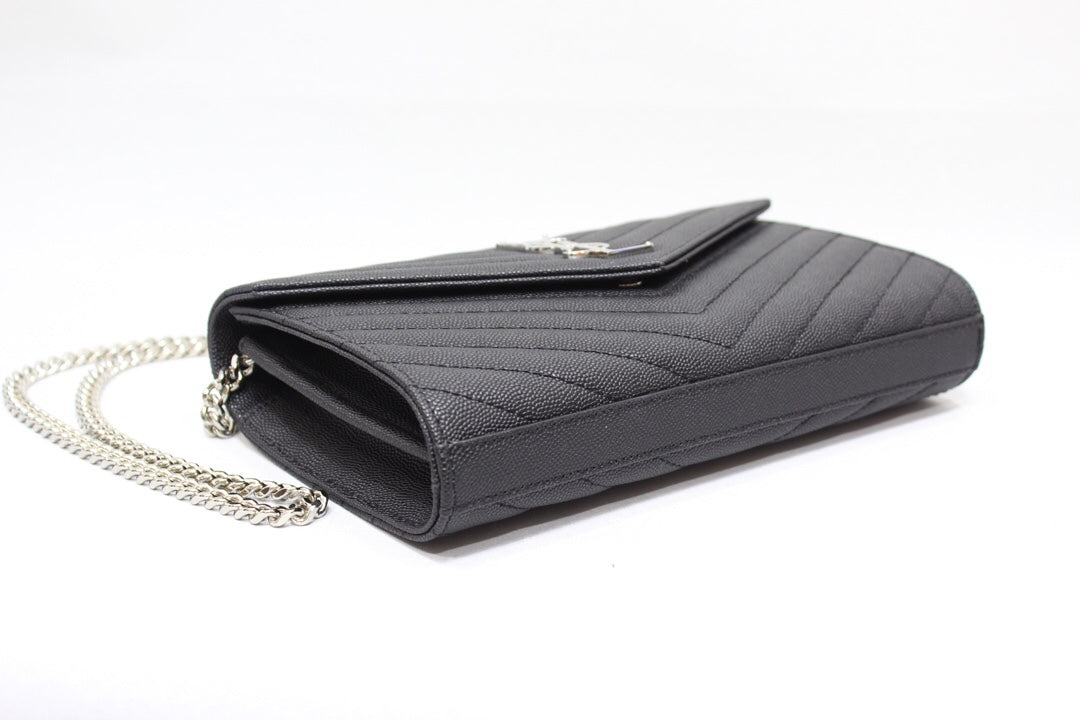 Yves Saint Laurent Cassandre Matelassé Chain Wallet In Grain De Poudre Embossed Black