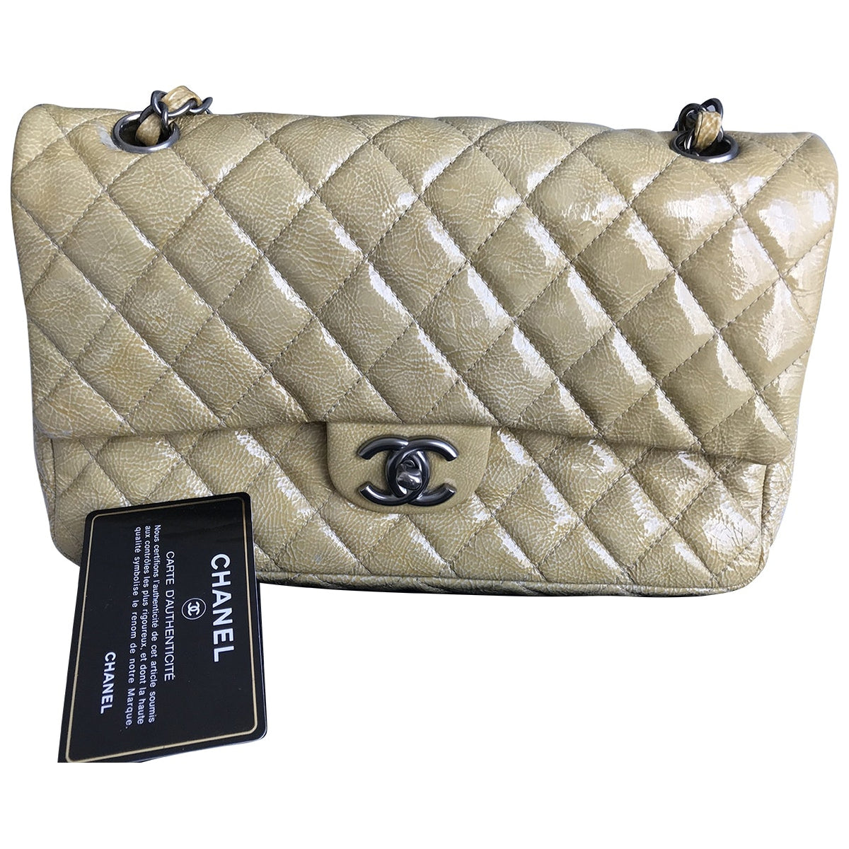 Chanel timeless/classique beige patent leather handbag