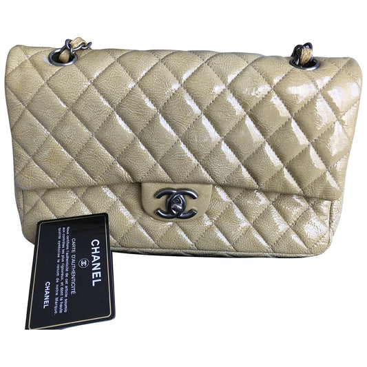 Chanel timeless/classique beige patent leather handbag