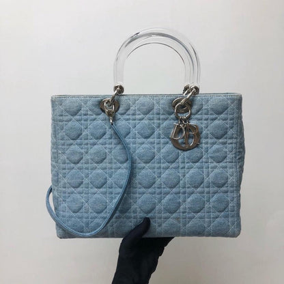 Lady Dior Large Vintage Denim Quilted Cannage tote with strap and acrylic handle GHW