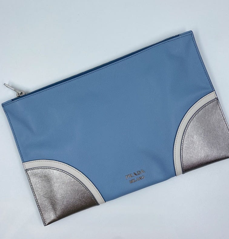 Prada Saffiano Leather Blue Clutch Bag