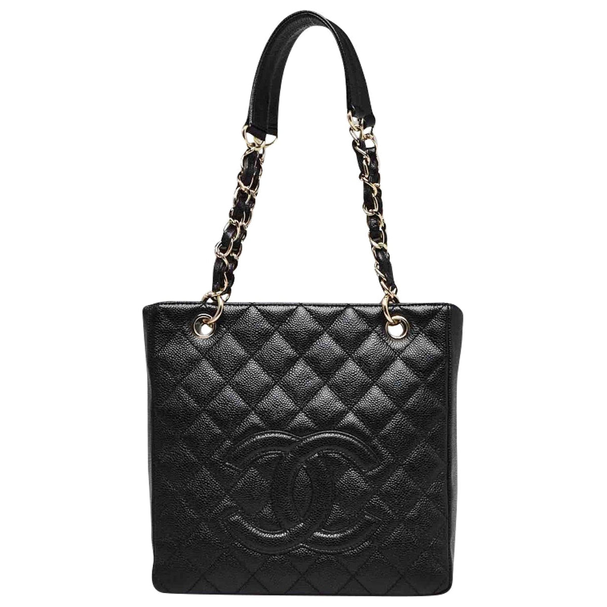 Chanel petite shopping tote black leather handbag