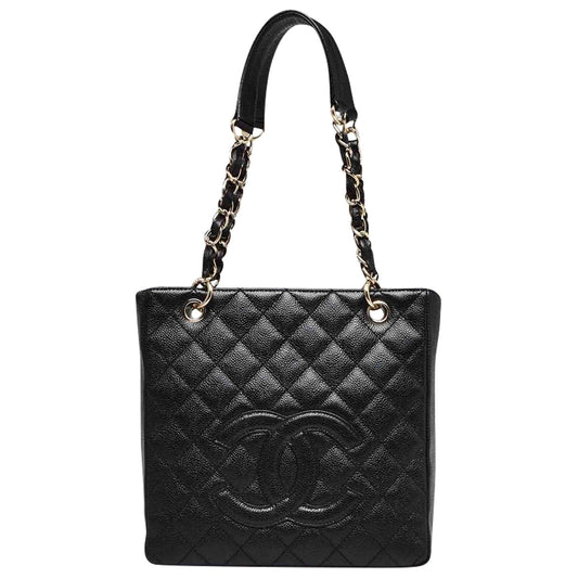 Chanel petite shopping tote black leather handbag