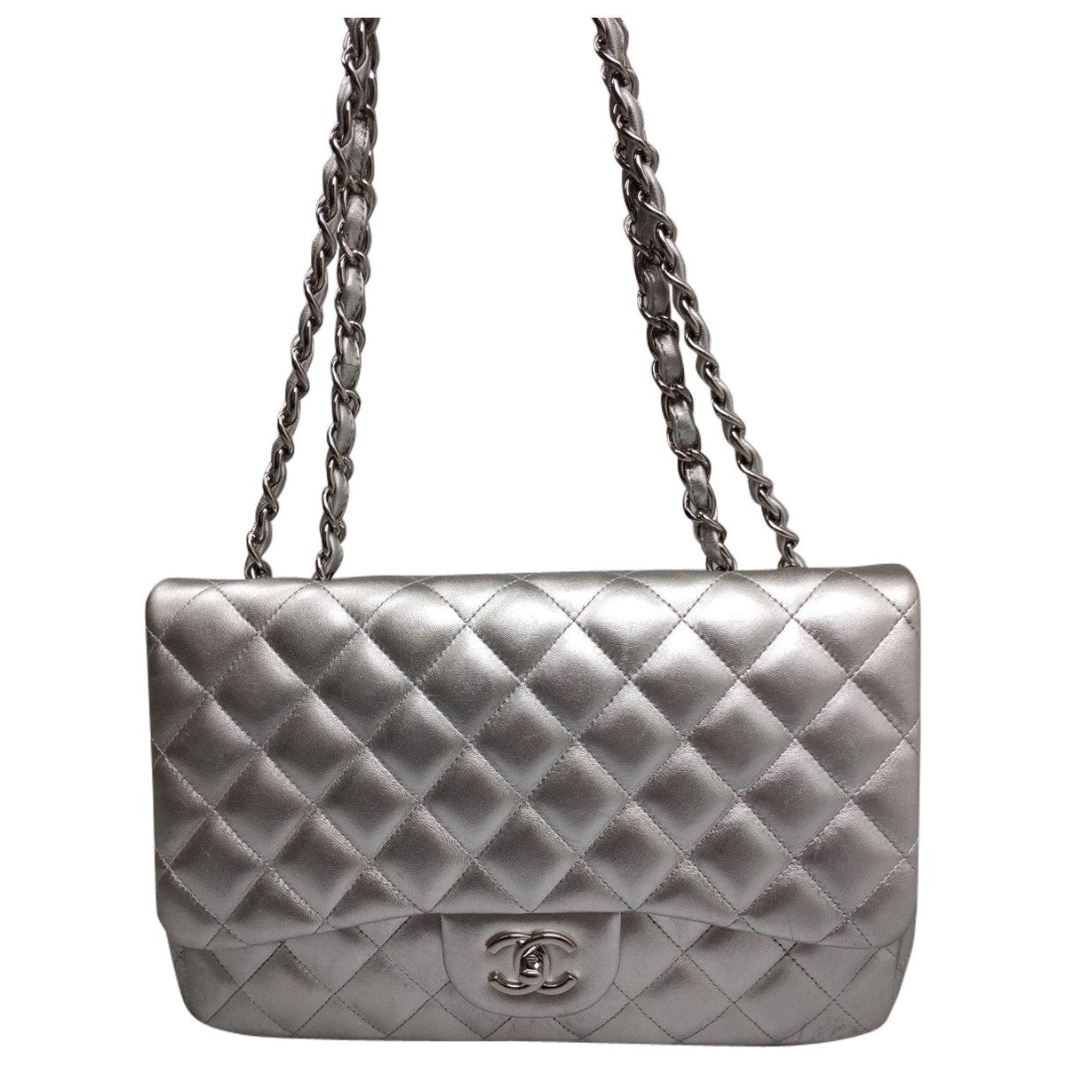 Chanel timeless/classique silver leather handbag