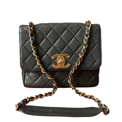 Chanel Classic Flap Vintage Black Caviar Leather 24k Gold Plated Giant CC Logo, 1994-96