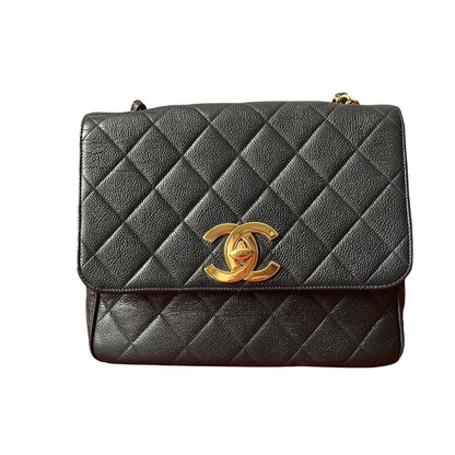 Chanel Classic Flap Vintage Black Caviar Leather 24k Gold Plated Giant CC Logo, 1994-96