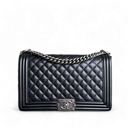 Chanel Boy Medium - Caviar 28CM Quilted Black Ruthenium Silver Hardware Series 28