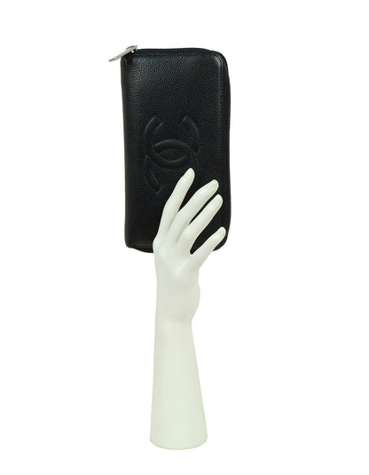 Chanel Black Caviar Leather CC Timeless Zip around Long Wallet