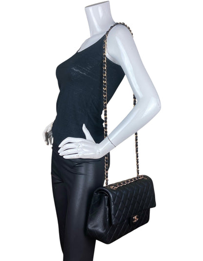 Chanel Black Lambskin Double Flap Jumbo Bag GHW