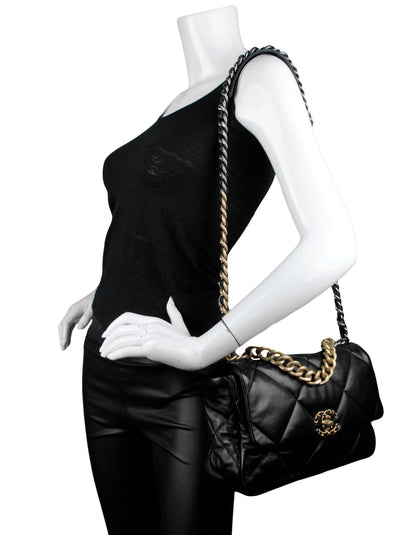 Chanel Black Calfskin Leather Quilted Large 19 Bag