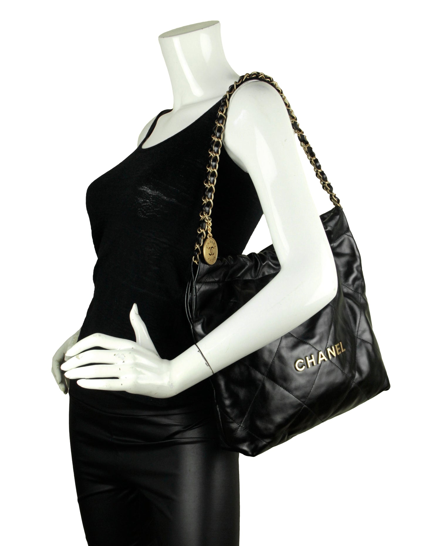 Chanel Black Shiny Calfskin Quilted Small Chanel 22 Tote Bag