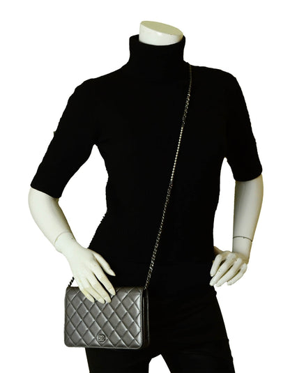 Chanel Silver Lambskin Pearl Wallet On Chain WOC Crossbody Bag