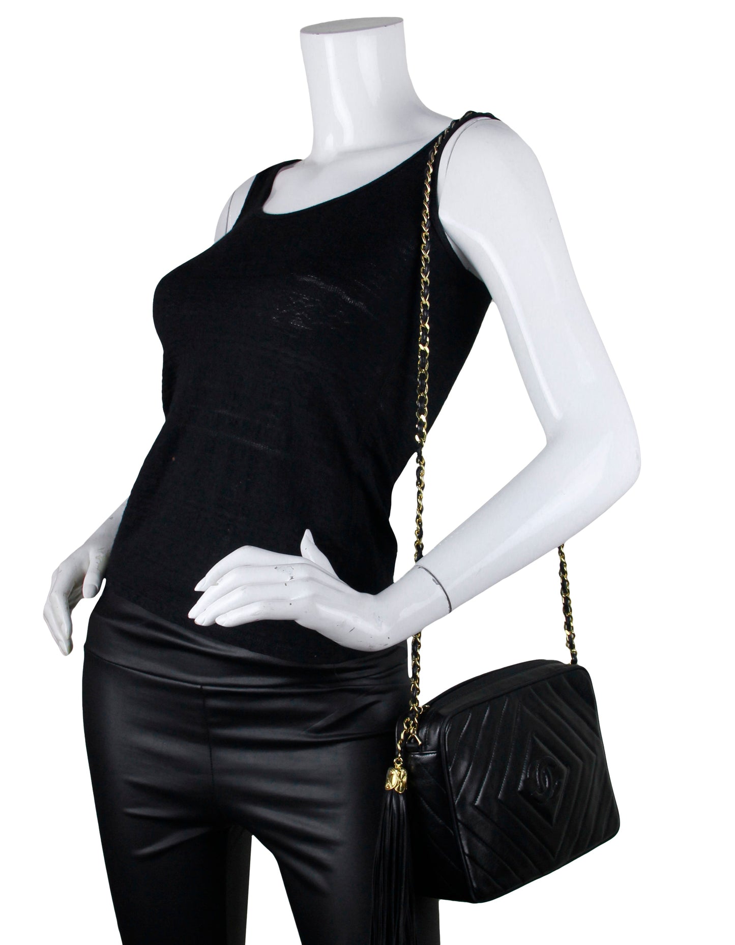 Chanel Vintage Black Lambskin Leather Diamond Quilted Camera Bag