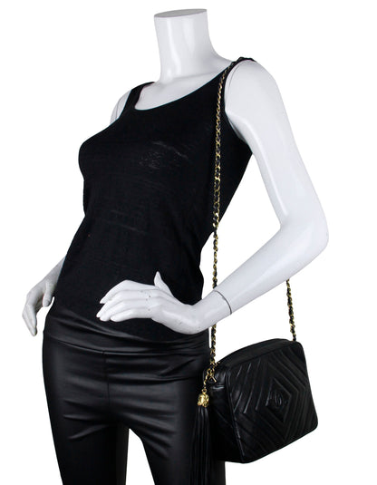 Chanel Vintage Black Lambskin Leather Diamond Quilted Camera Bag