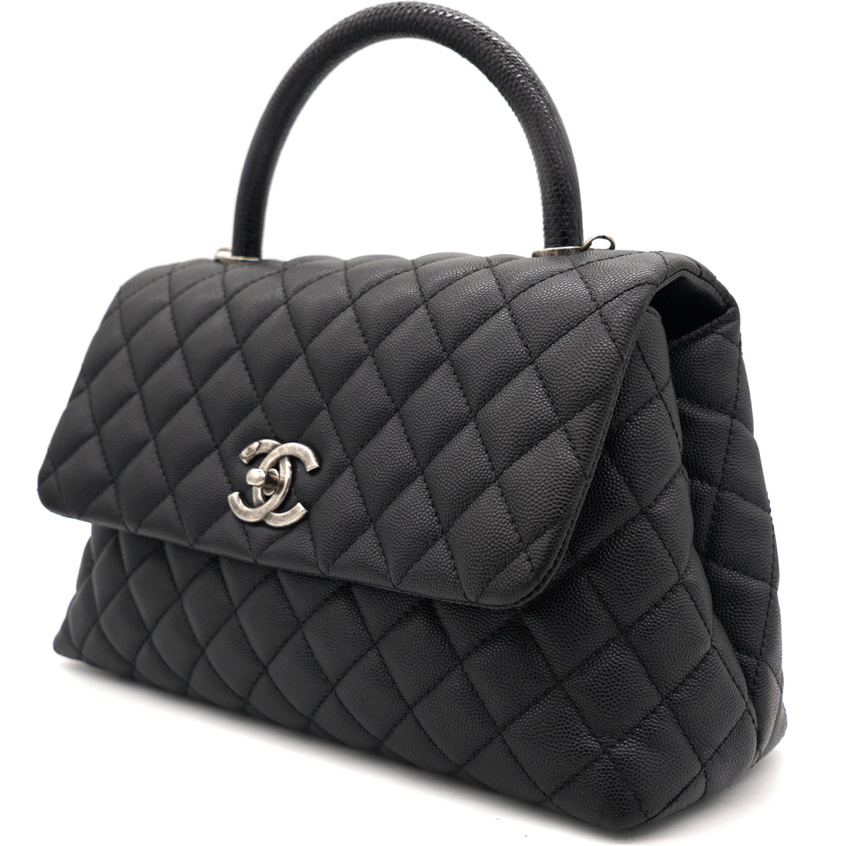 Black Caviar Leather Medium Coco Top Handle Bag