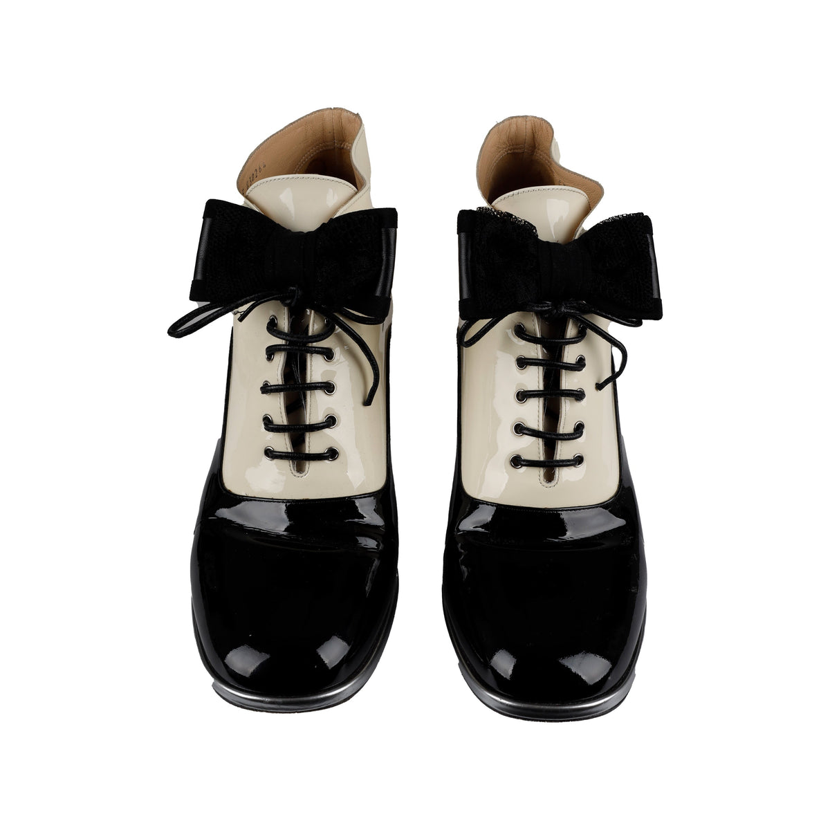Chanel Patent Leather Bow Lace-Up Ankle Boots - '10s