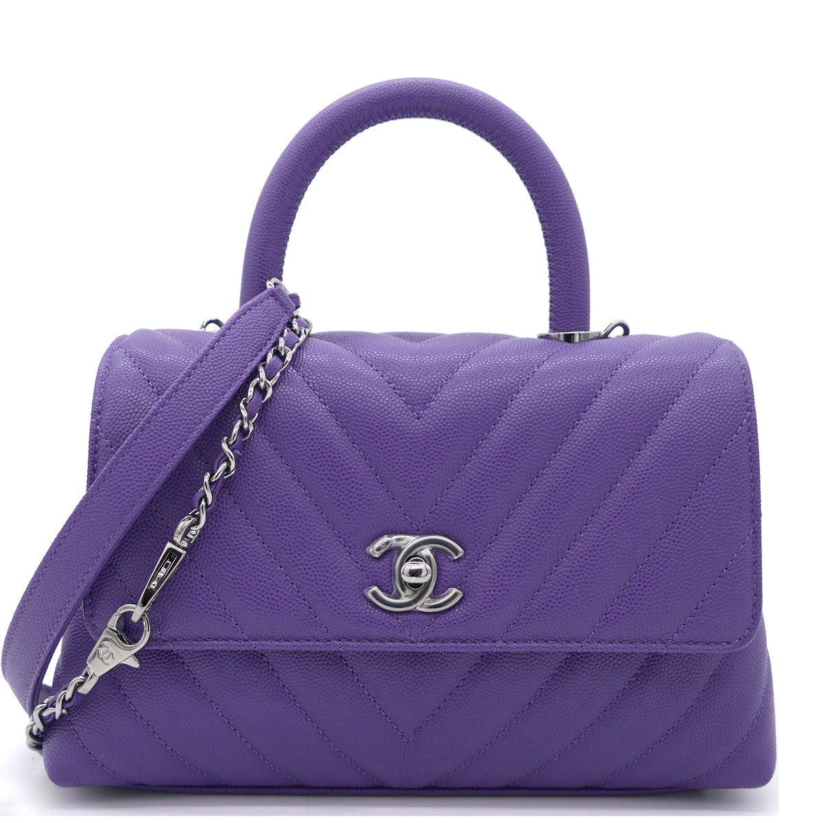 Purple Chevron Caviar Leather Mini Coco Top Handle Bag