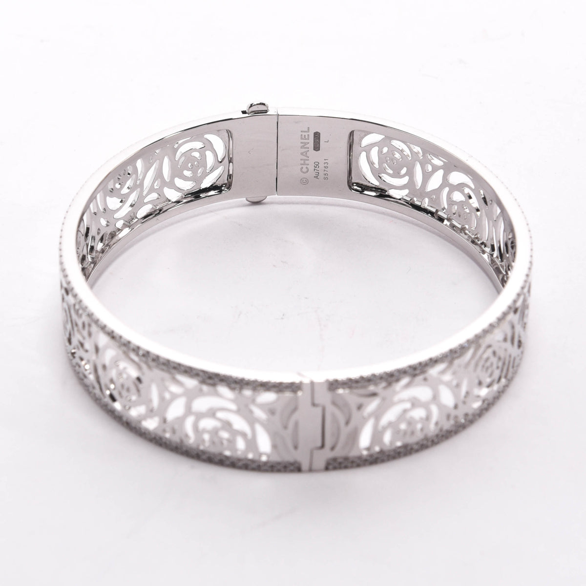 Chanel 18k White Gold & Diamond Camellia Ajoure Bangle