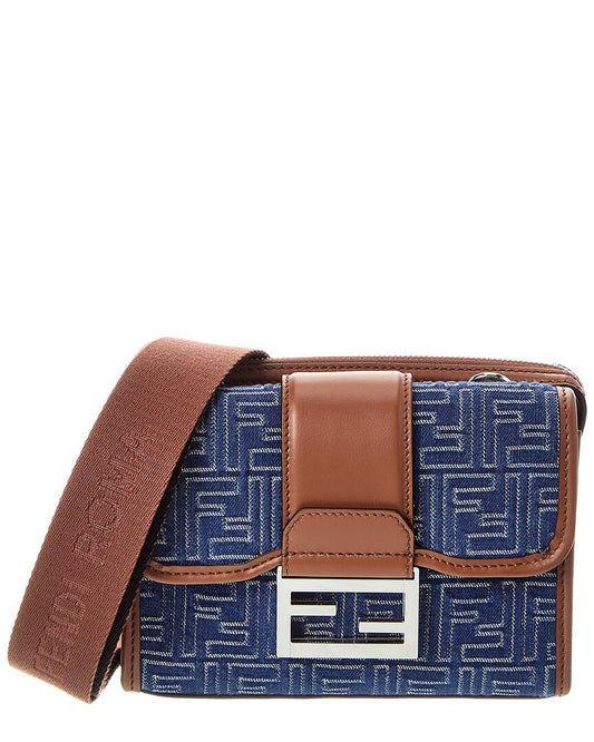 Fendi Baguette Double Ff Denim & Leather Crossbody