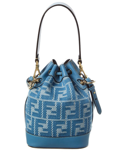 Fendi Mon Tresor Mini Ff Jacquard & Leather Bucket Bag Blue ONE SIZE