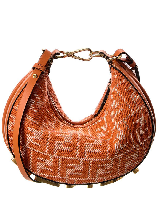 Fendi Fendigraphy Mini Ff Jacquard & Leather Hobo Bag, Orange
