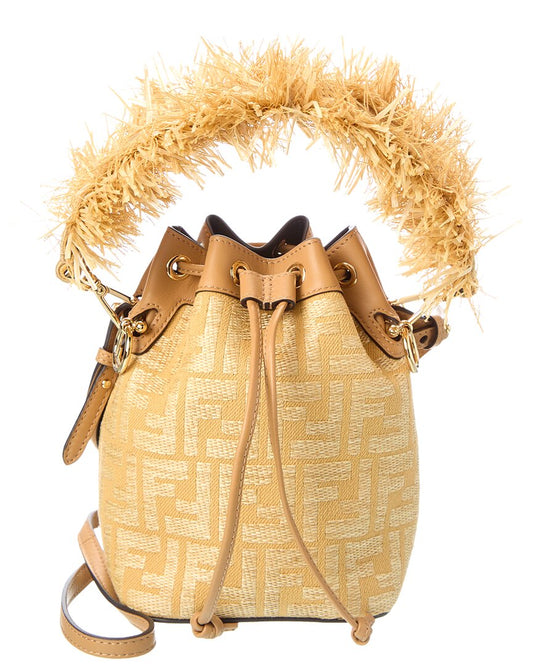 Fendi Mon Tresor Mini Raffia & Leather Bucket Bag