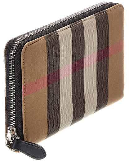 Burberry Check Canvas & Leather Zip Around Wallet