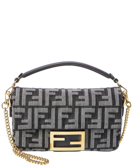 Fendi Baguette Mini Ff Denim & Leather Shoulder Bag