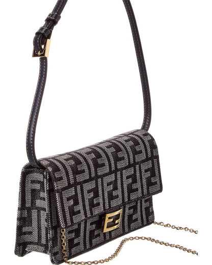 Fendi Baguette Ff Denim & Leather Wallet On Chain