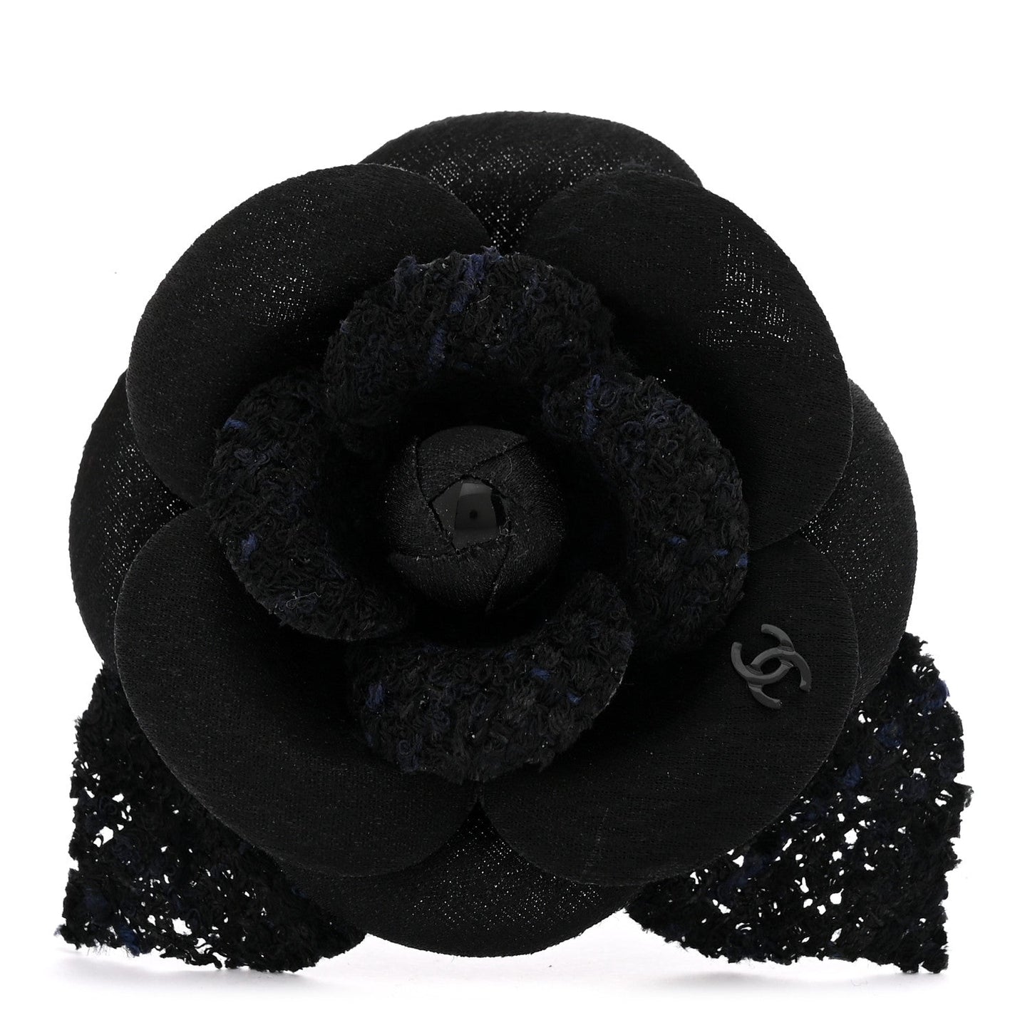 Tweed Fabric Camellia Pin Brooch Navy Blue Black