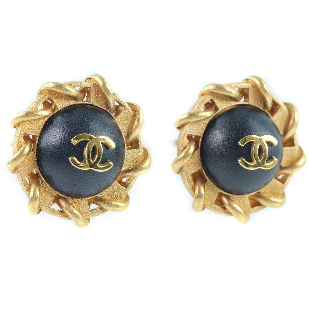 CHANEL Earring Plated Gold , Leather gold COCO Mark Women Used