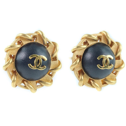 CHANEL Earring Plated Gold , Leather gold COCO Mark Women Used