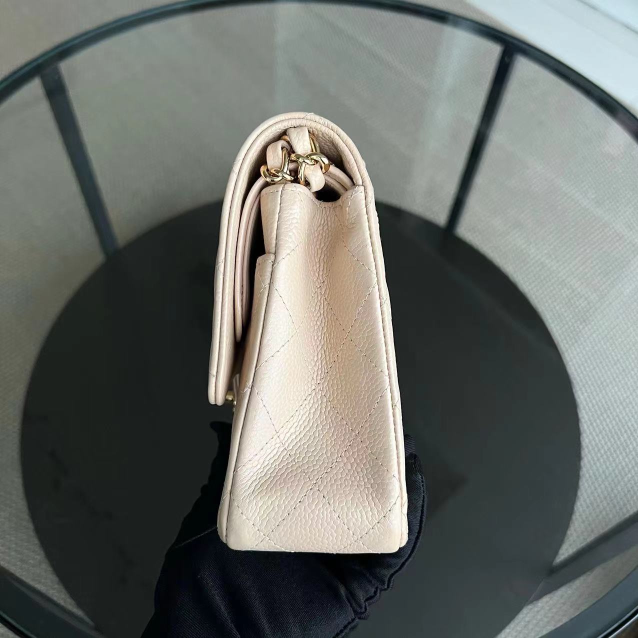 Caviar Double Flap Quilted Grained Calfskin Beige Golden Hardware Series 15