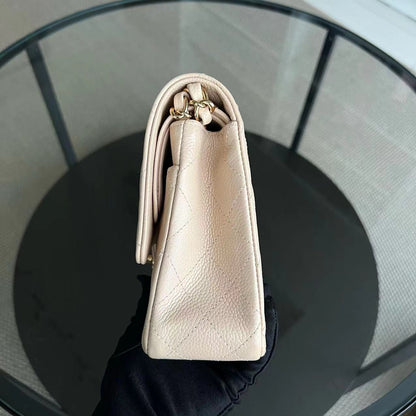 Caviar Double Flap Quilted Grained Calfskin Beige Golden Hardware Series 15