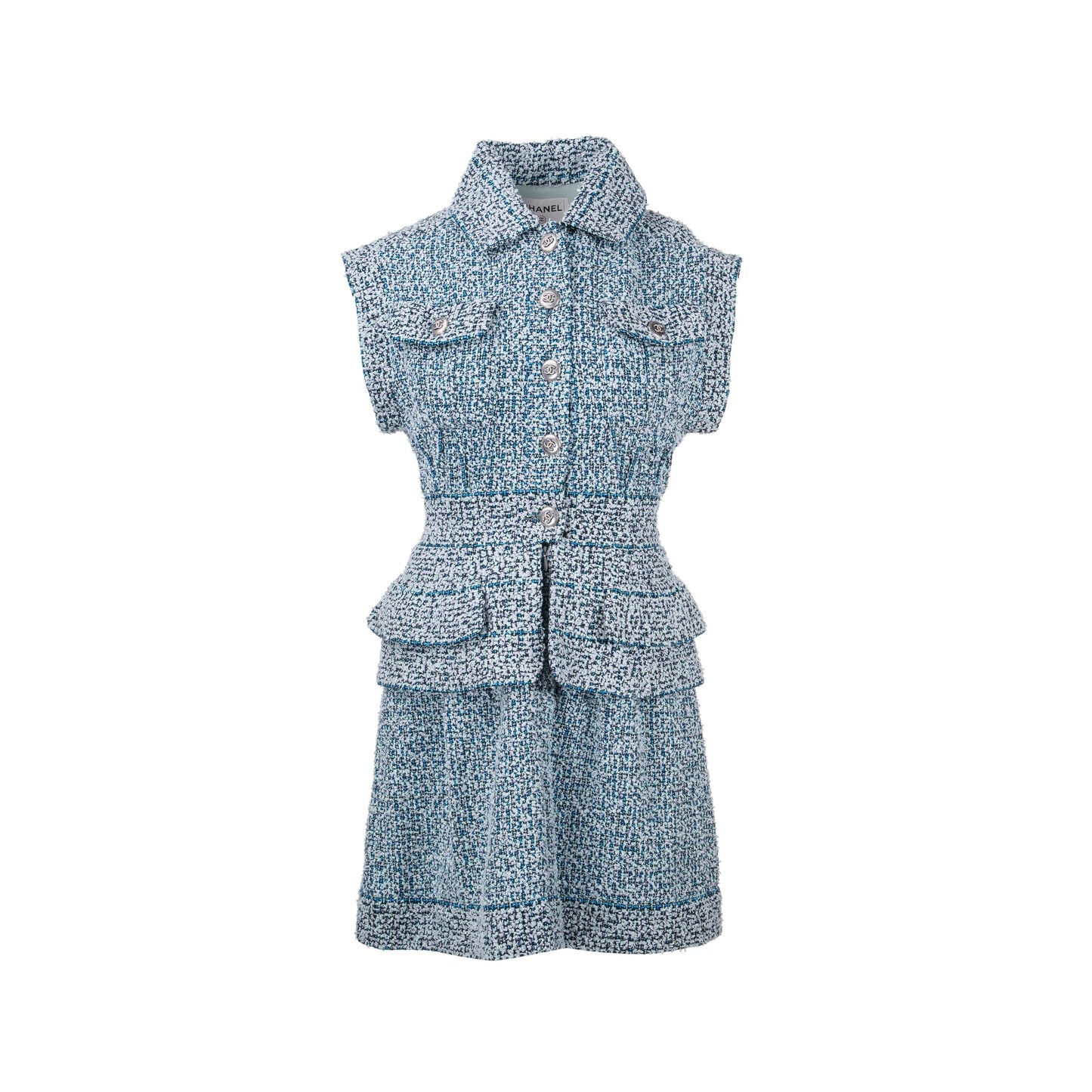 CHANEL Size 34 20P Sleeveless Tweed Dress Polyamide/Cotton Navy Blue/Blue/Green