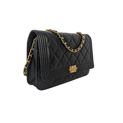 Chanel Lambskin Quilted Boy Wallet On Chain WOC Black