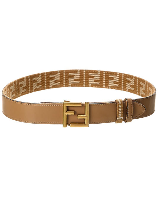 Fendi Ff Reversible Denim Jacquard & Leather Belt