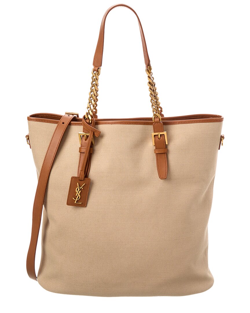 Saint Laurent Logo Canvas & Leather Tote Beige ONE SIZE