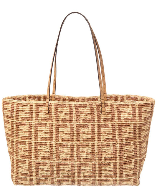Fendi Roll Large Ff Raffia Tote, Beige