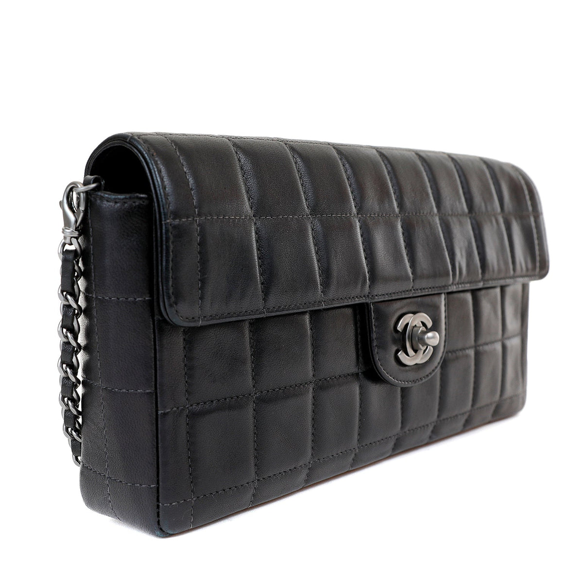 Chanel Black Lambskin Chocolate Bar Quilted East West Classic with Silver Hardware