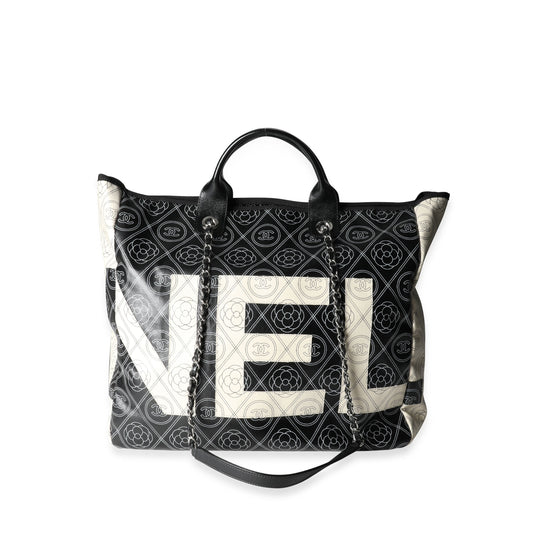 Chanel Black and Beige Coated Canvas and Leather Camellia & CC Print Shopper Tot