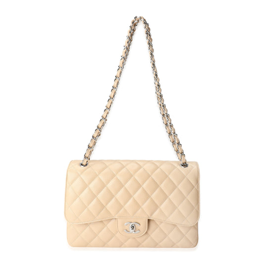 CHANEL Beige Quilted Caviar Jumbo Classic Double Flap Bag