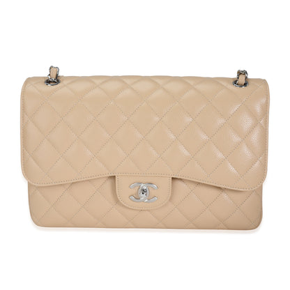 CHANEL Beige Quilted Caviar Jumbo Classic Double Flap Bag