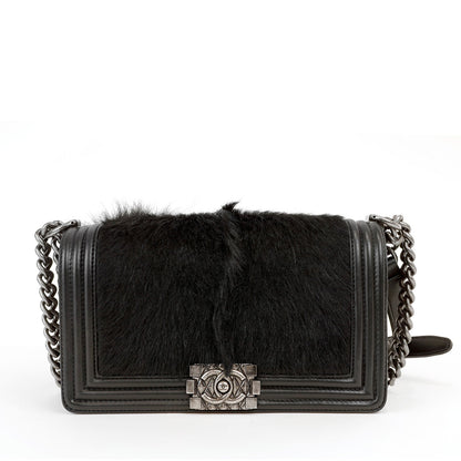 Chanel Black Fox Fur Boy Bag with Tail & Ruthenium Hardware