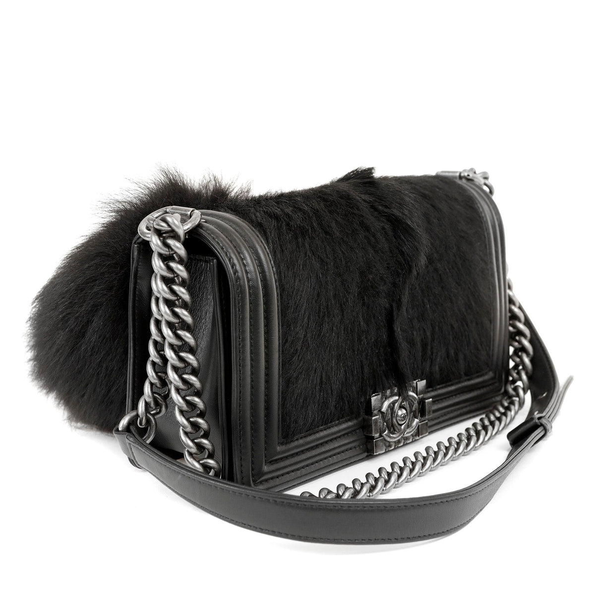 Chanel Black Fox Fur Boy Bag with Tail & Ruthenium Hardware