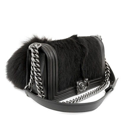 Chanel Black Fox Fur Boy Bag with Tail & Ruthenium Hardware