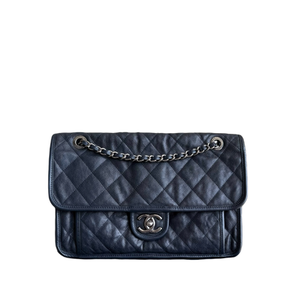 Chanel Seasonal Flap French Riviera Jumbo - Caviar 30CM Quilted Calfskin Dark Blue Silver Hardware Series 19